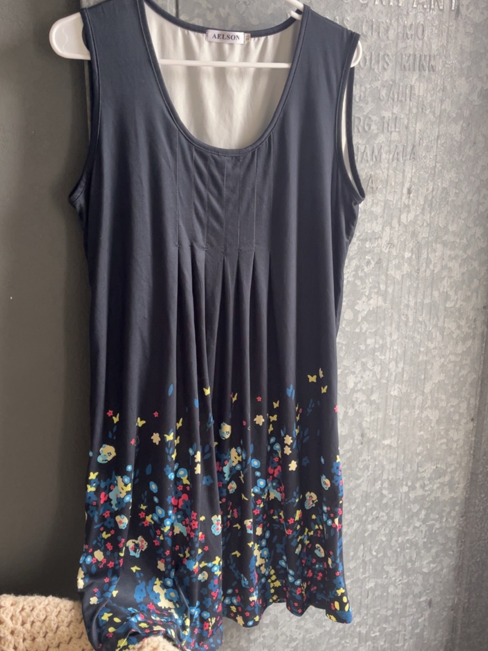 Aelson Black Midi Dress with Colorful Floral-Hem
